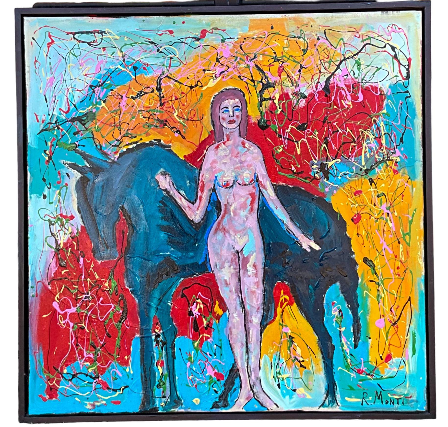 This is a large scale modern abstract oil painting of a female nude with a horse and colorful background. It is signed R. Monti. It is framed in a simple brown frame.
