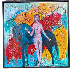 Large Signed Framed Modern Abstract Oil On Canvas - Female Nude W/ Horse Art