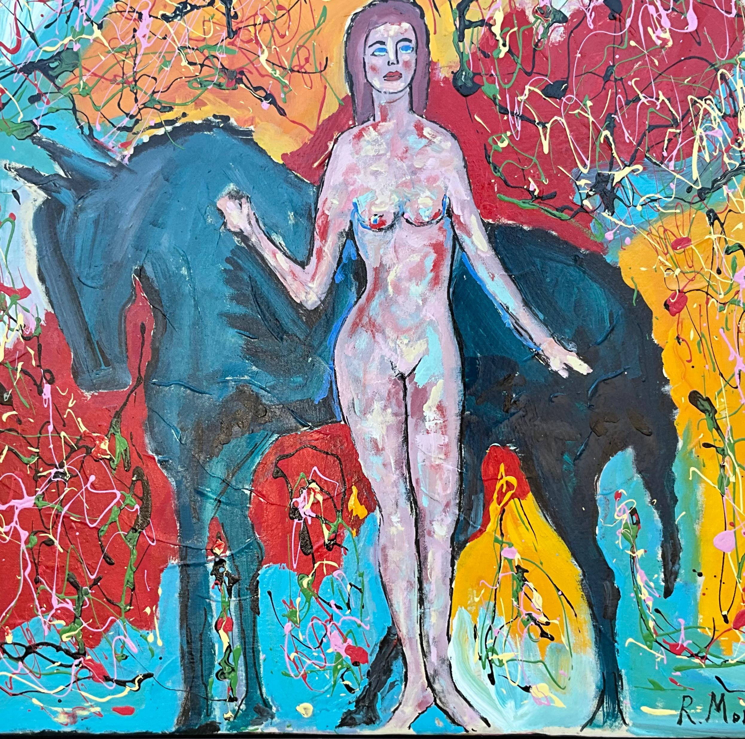 Olio astratto moderno su tela con cornice, firmato e di grandi dimensioni - Nudo femminile con cavallo In condizioni buone in vendita a Kennesaw, GA
