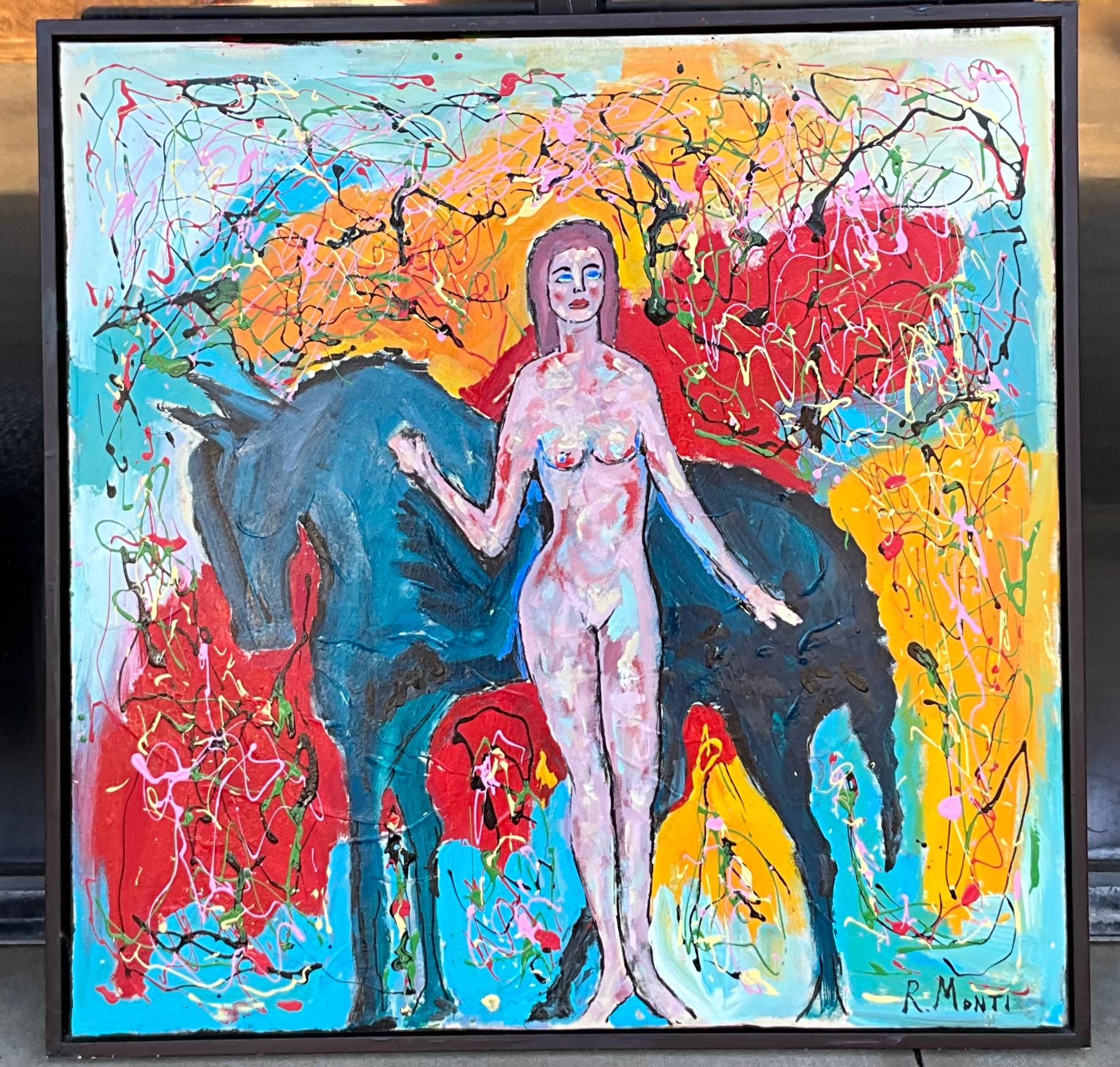 Large Signed Framed Modern Abstract Oil On Canvas - Female Nude W/ Horse Art  For Sale 1