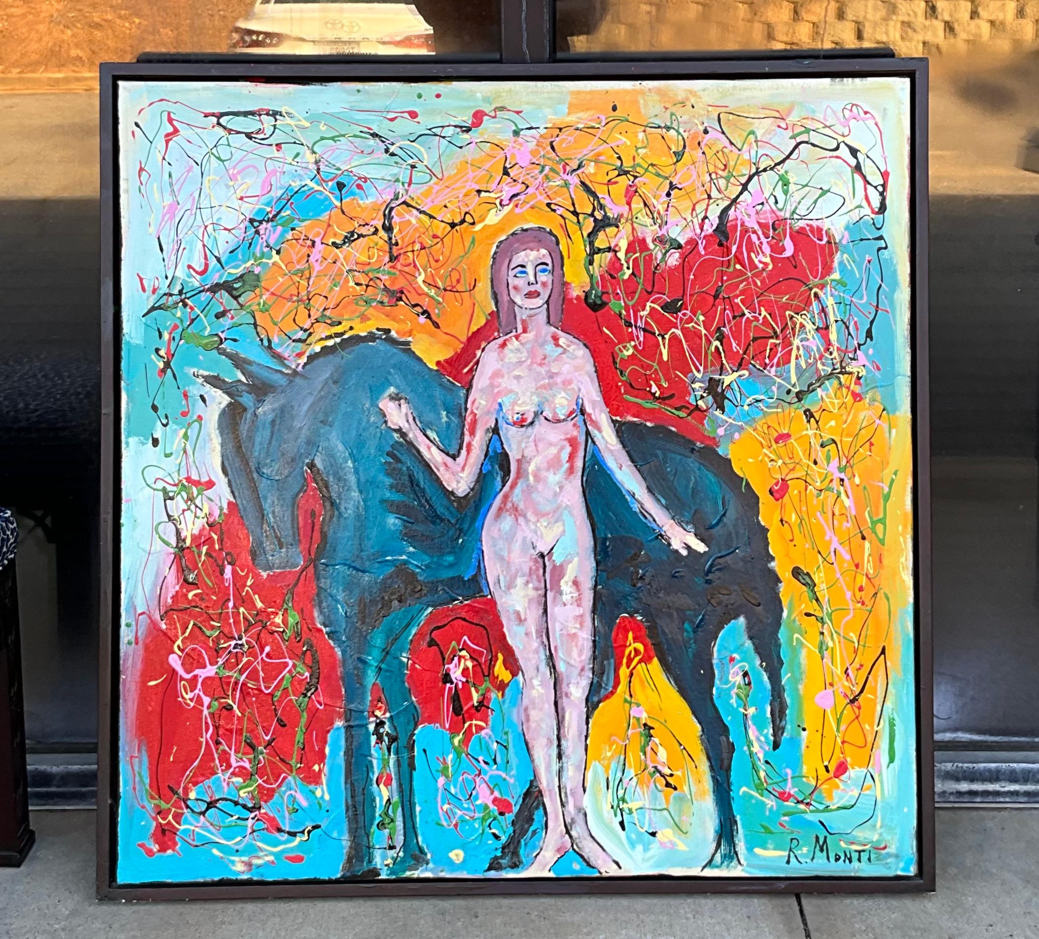 Large Signed Framed Modern Abstract Oil On Canvas - Female Nude W/ Horse Art  For Sale 2