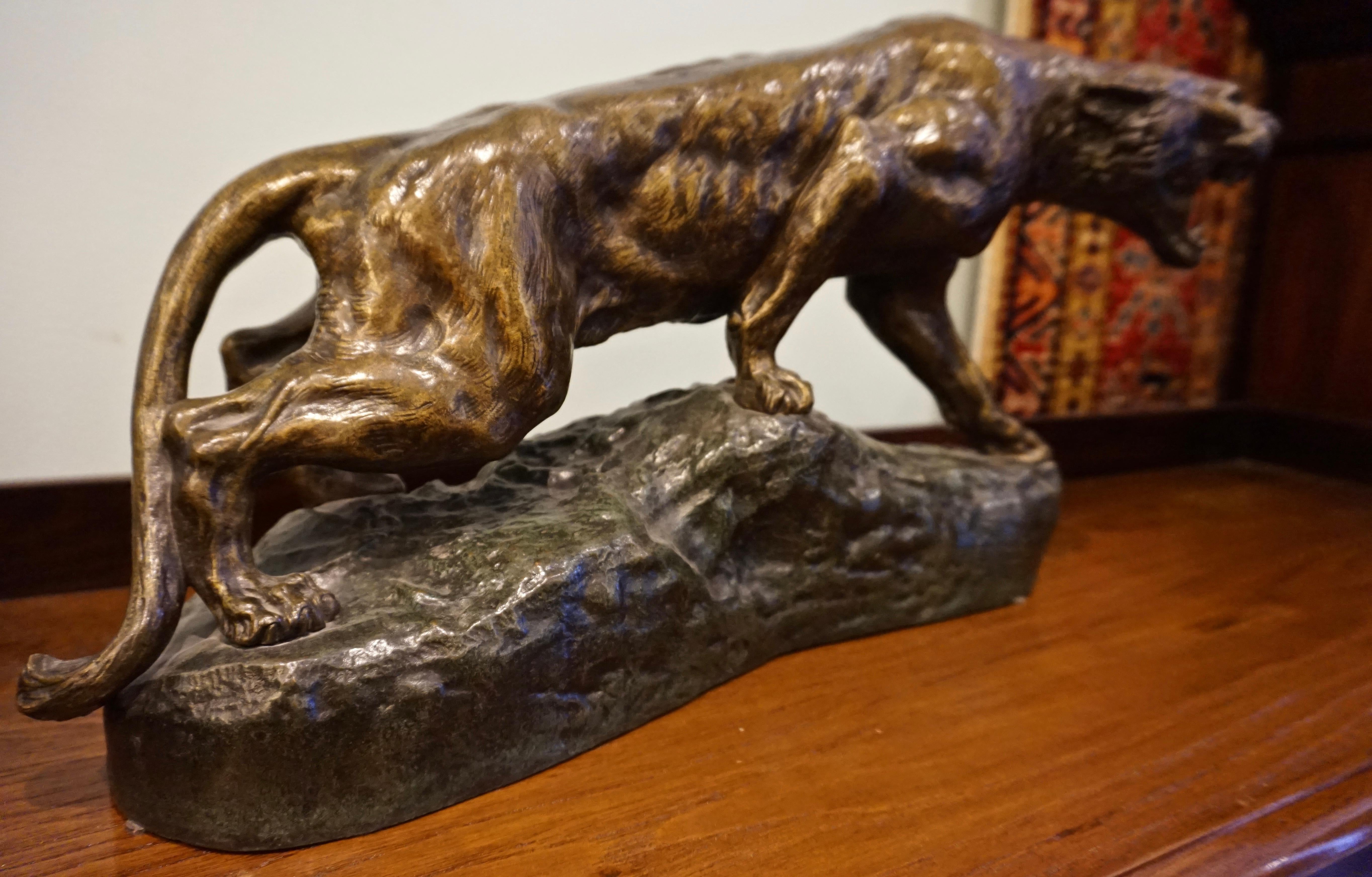 European Large Signed French Bronze Art Deco Panther Sculpture By Thomas Francois Cartier For Sale