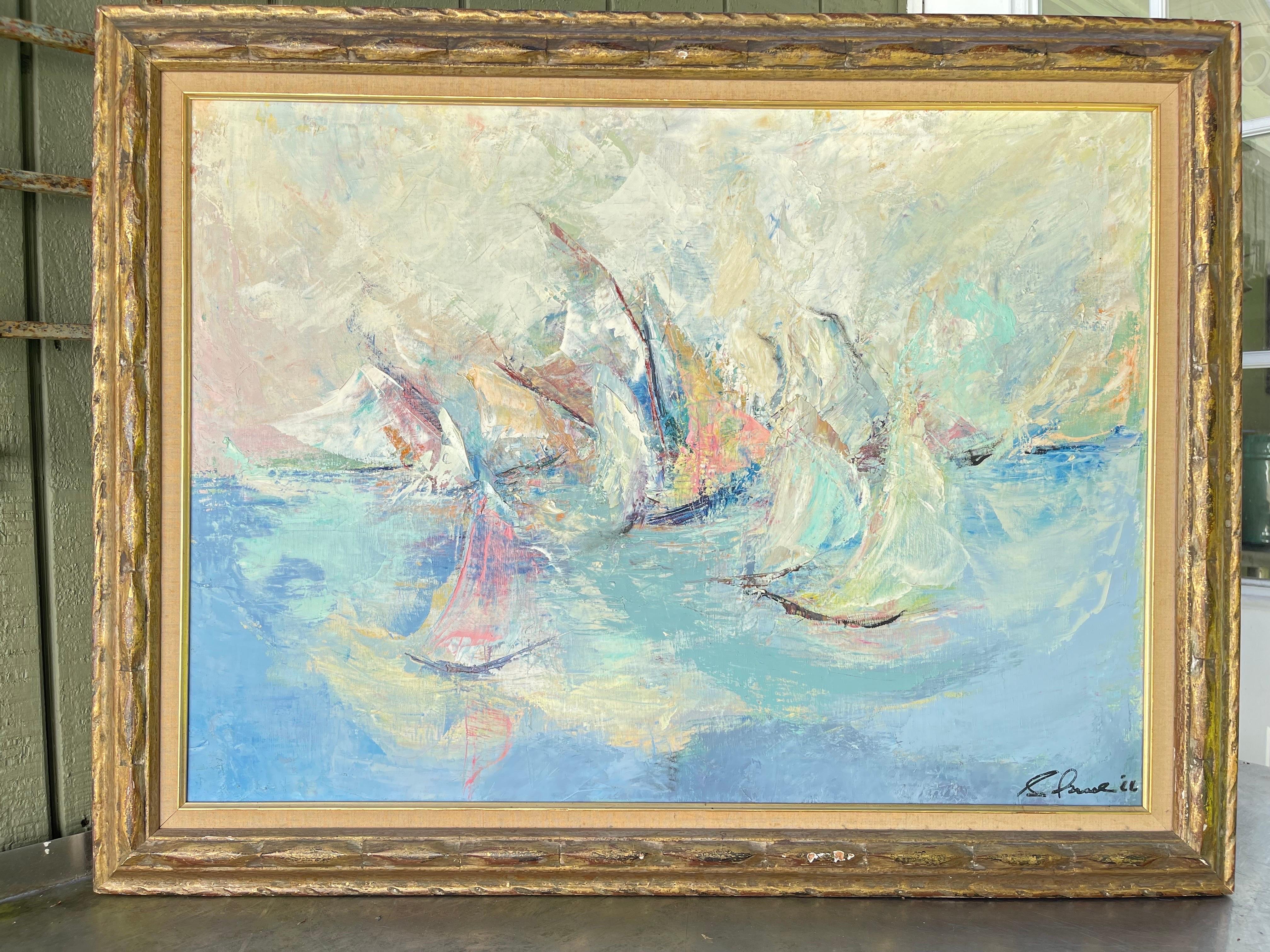 Gran Pintura al Impasto de Veleros Firmada. Firmado ilegiblemente en la parte inferior derecha . Fechada en 1966. Preciosa composición de barcos sobre el agua en tonos pastel. Alojada en un grueso marco de madera dorada.