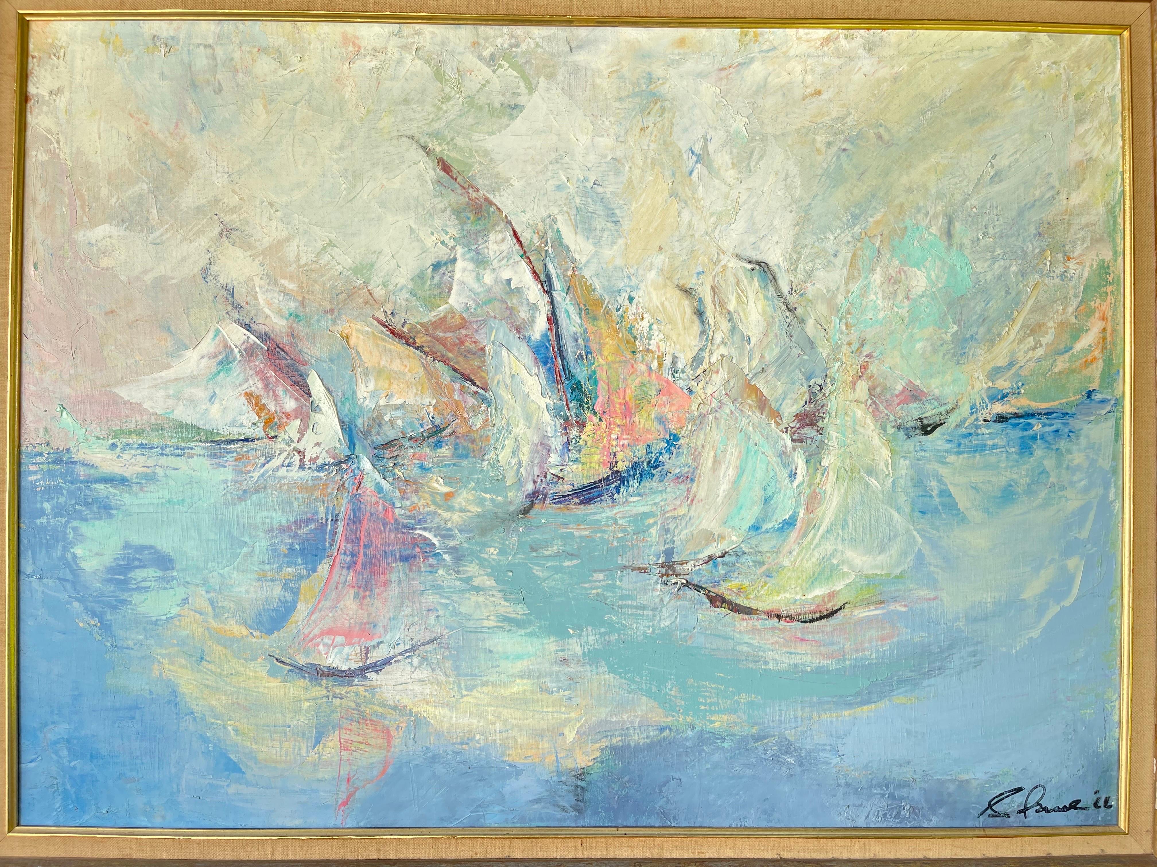 Gran Pintura al Impasto de Veleros Firmada mediados del siglo XX en venta