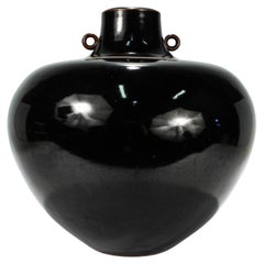 Large Signed Japanese Black Glaze Pottery Stoneware Pottery Vase