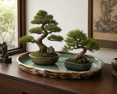 Grand « suiban » (plateau à bonsaï) en céramique de studio japonaise, de style céladon, signé, période Showa