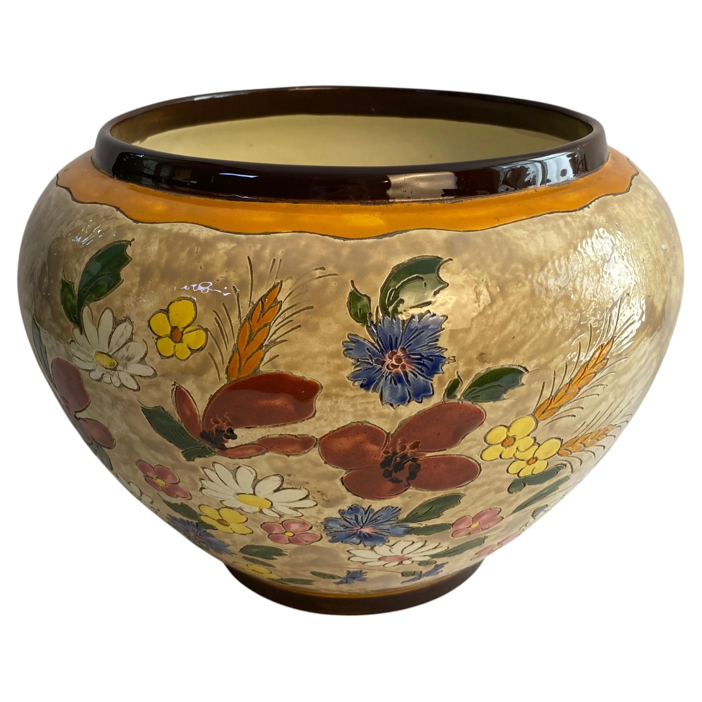 Große, signierte, handbemalte französische Art Pottery-Schale von Jérôme Massier