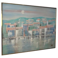 Große signierte Lee Reynolds Coastal Harbor Gemälde Original Messing Gallery Frame