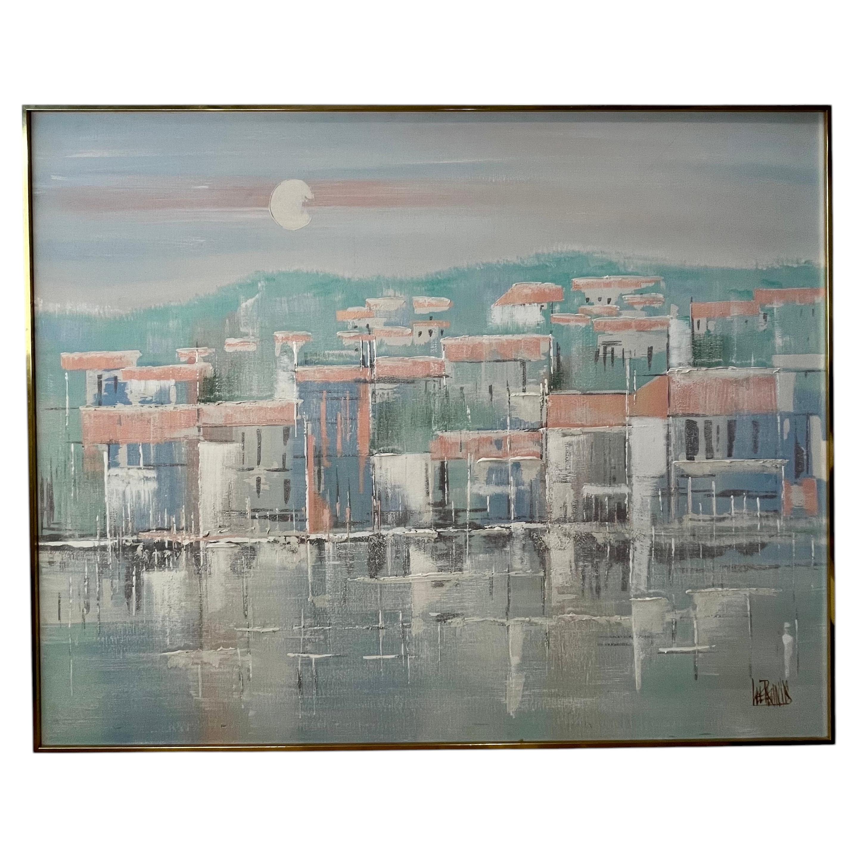 Large Signed Lee Reynolds Coastal Harbor Painting Original Brass Gallery Frame