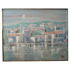 Große signierte Lee Reynolds Coastal Harbor Gemälde Original Messing Gallery Frame