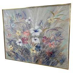 Grande quadro firmato Lee Reynolds con natura morta floreale e cornice originale in ottone