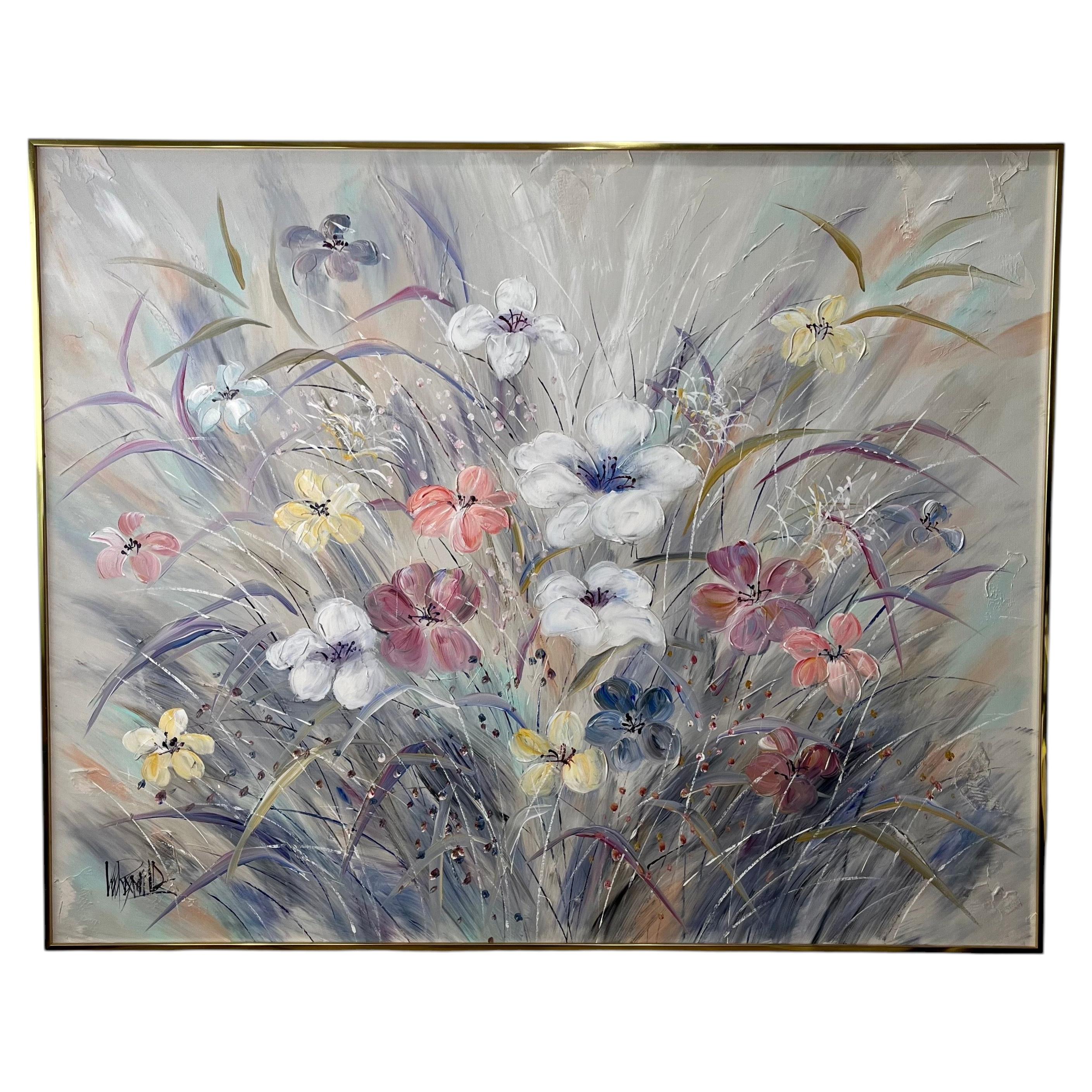 Large Signed Lee Reynolds Floral Still Life Painting in Original Brass Frame