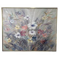 Grande quadro firmato Lee Reynolds con natura morta floreale e cornice originale in ottone