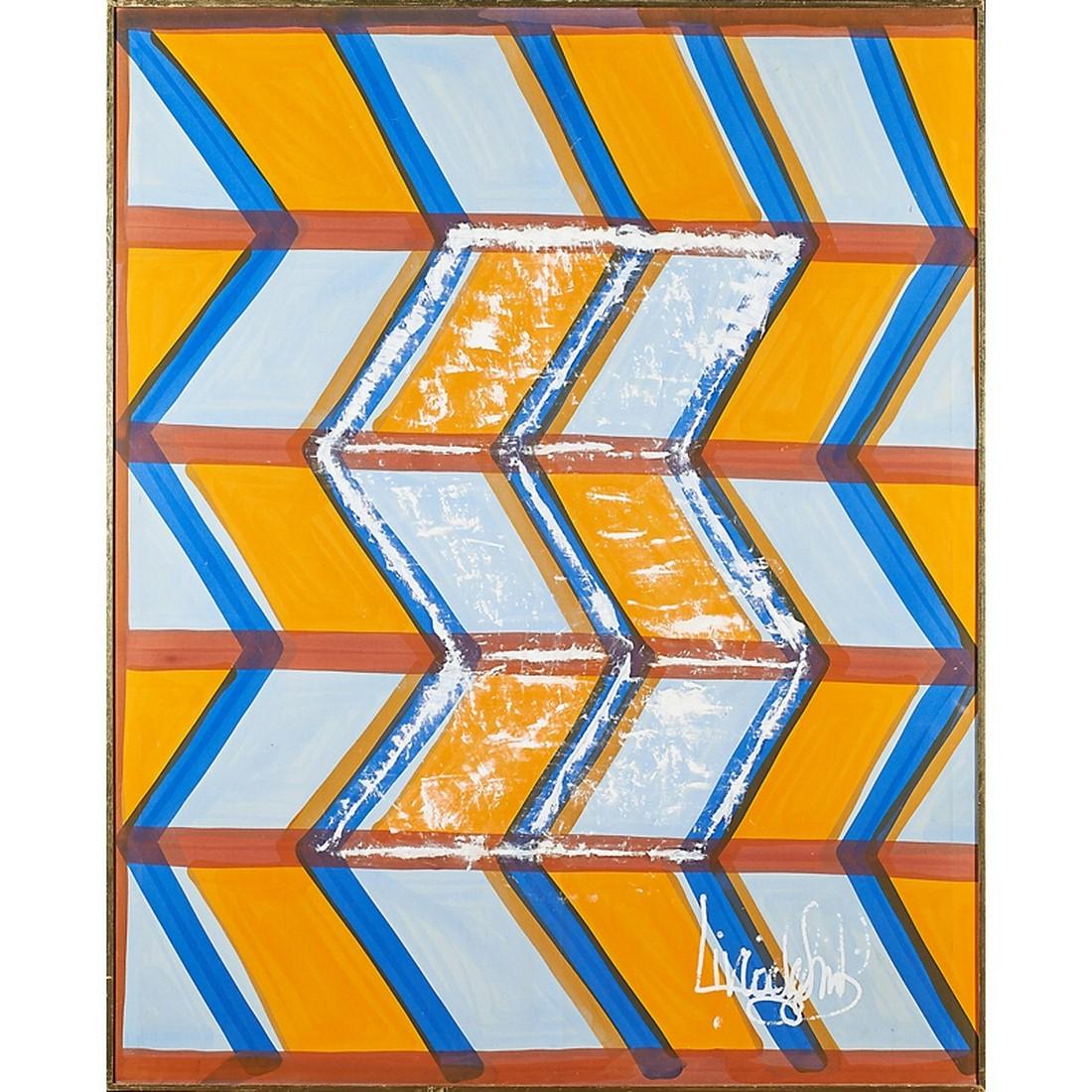 Großes, signiertes Livio de Simone Original handgemaltes geometrisches Muster auf Baumwollstoff. Hergestellt in Italien.
Livio de Simone, Designer-Künstler und Schöpfer außergewöhnlicher Schneiderkunst, ist neben Emilio Pucci, Schubert und Fausto