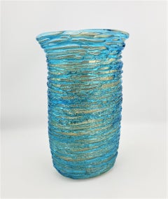 Large Signed Mid-Century Black & Gold with Blue Threaded Art Glass Murano Vase