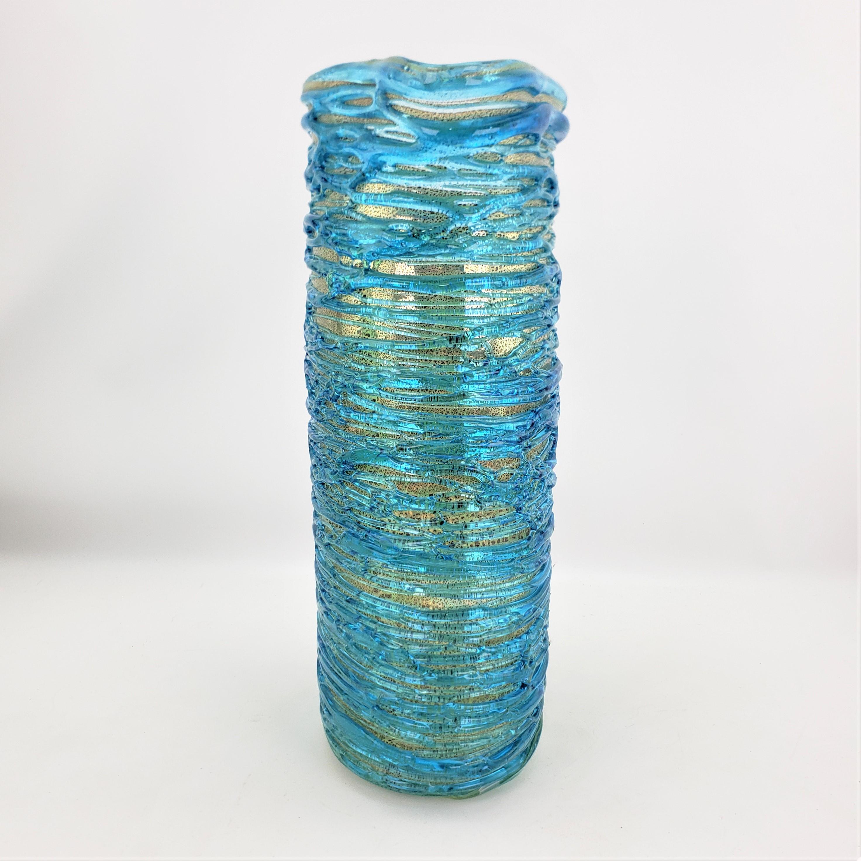 Italian Large Signed Mid-Century Black & Gold with Blue Threaded Art Glass Murano Vase For Sale