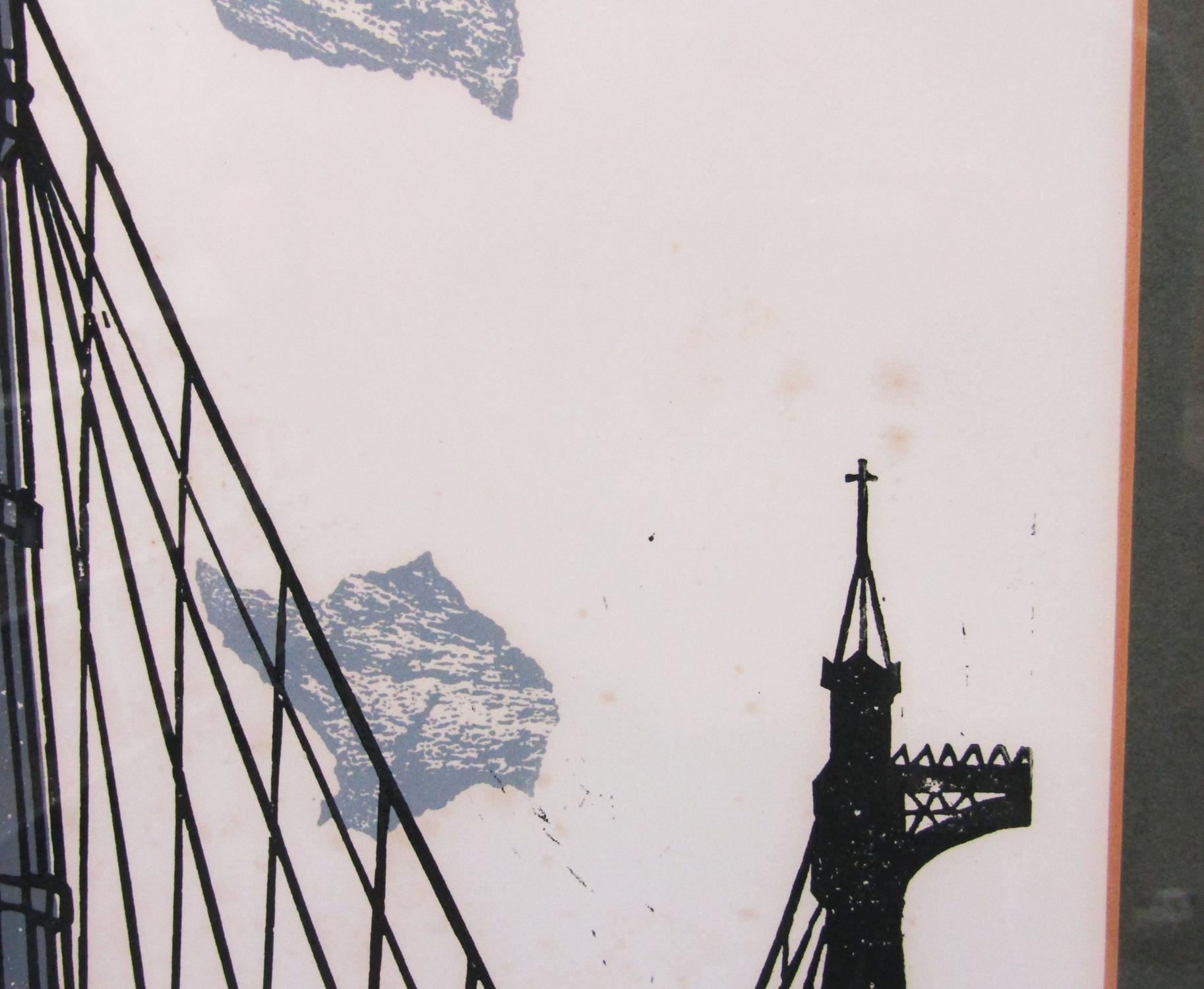 Großer signierter modernistischer Linocut von Edward Bawden „The Albert Bridge“ 16/75, signiert im Angebot 4