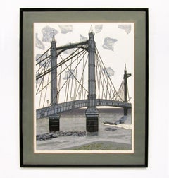 Large Signed Modernist Linocut by Edward Bawden "The Albert Bridge" 16/75