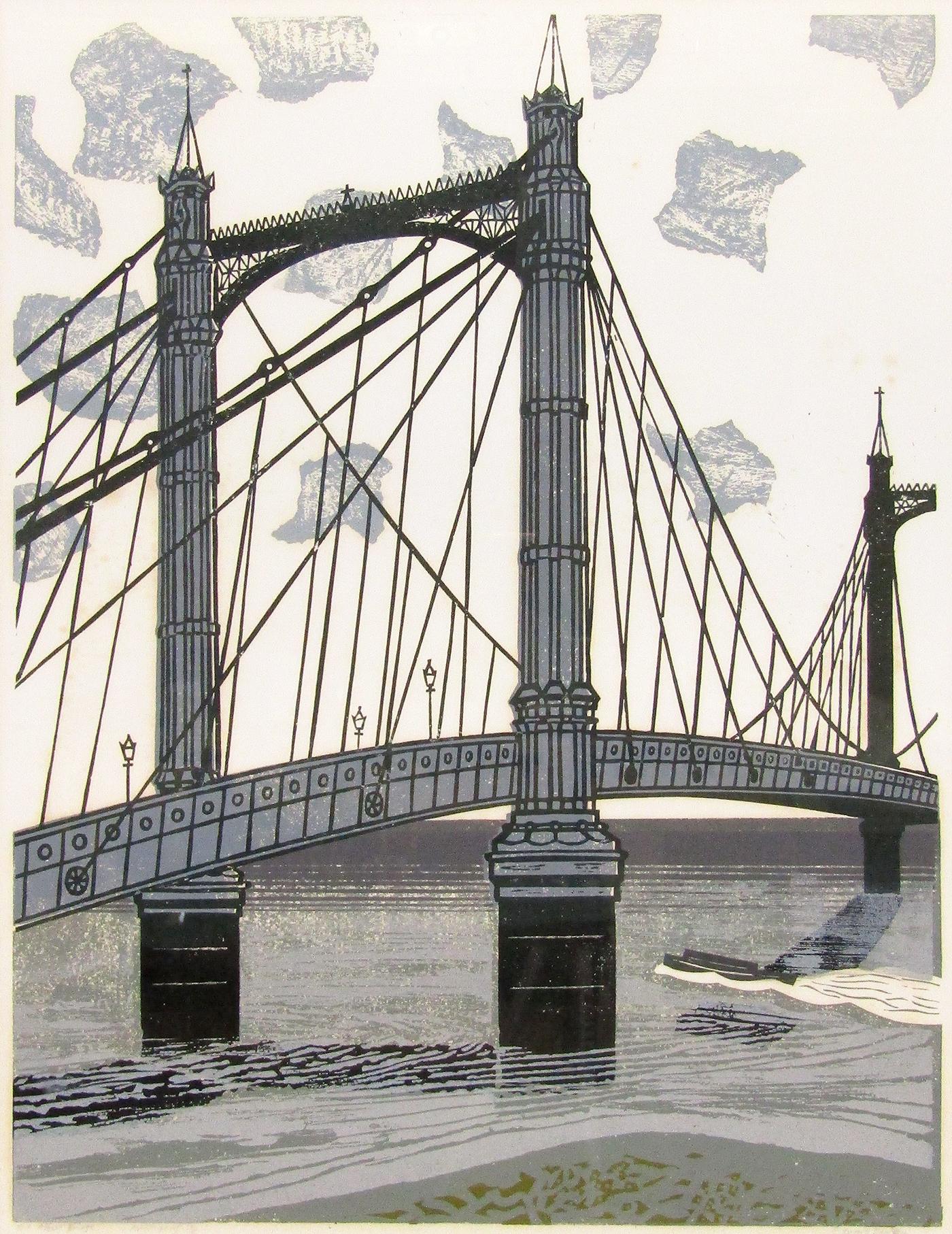 Großer signierter modernistischer Linocut von Edward Bawden „The Albert Bridge“ 16/75, signiert (Britisch) im Angebot