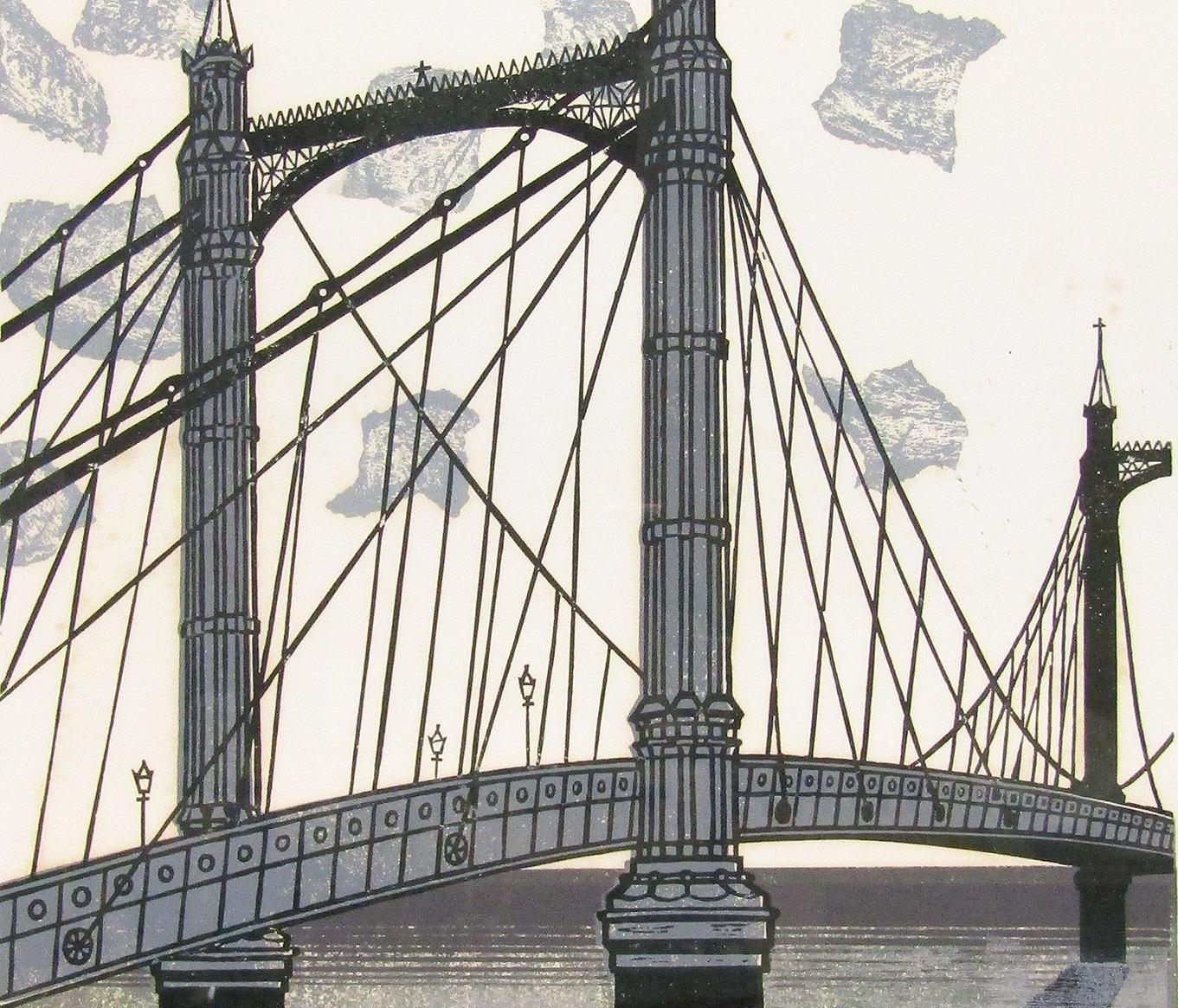 Großer signierter modernistischer Linocut von Edward Bawden „The Albert Bridge“ 16/75, signiert im Zustand „Gut“ im Angebot in Shepperton, Surrey