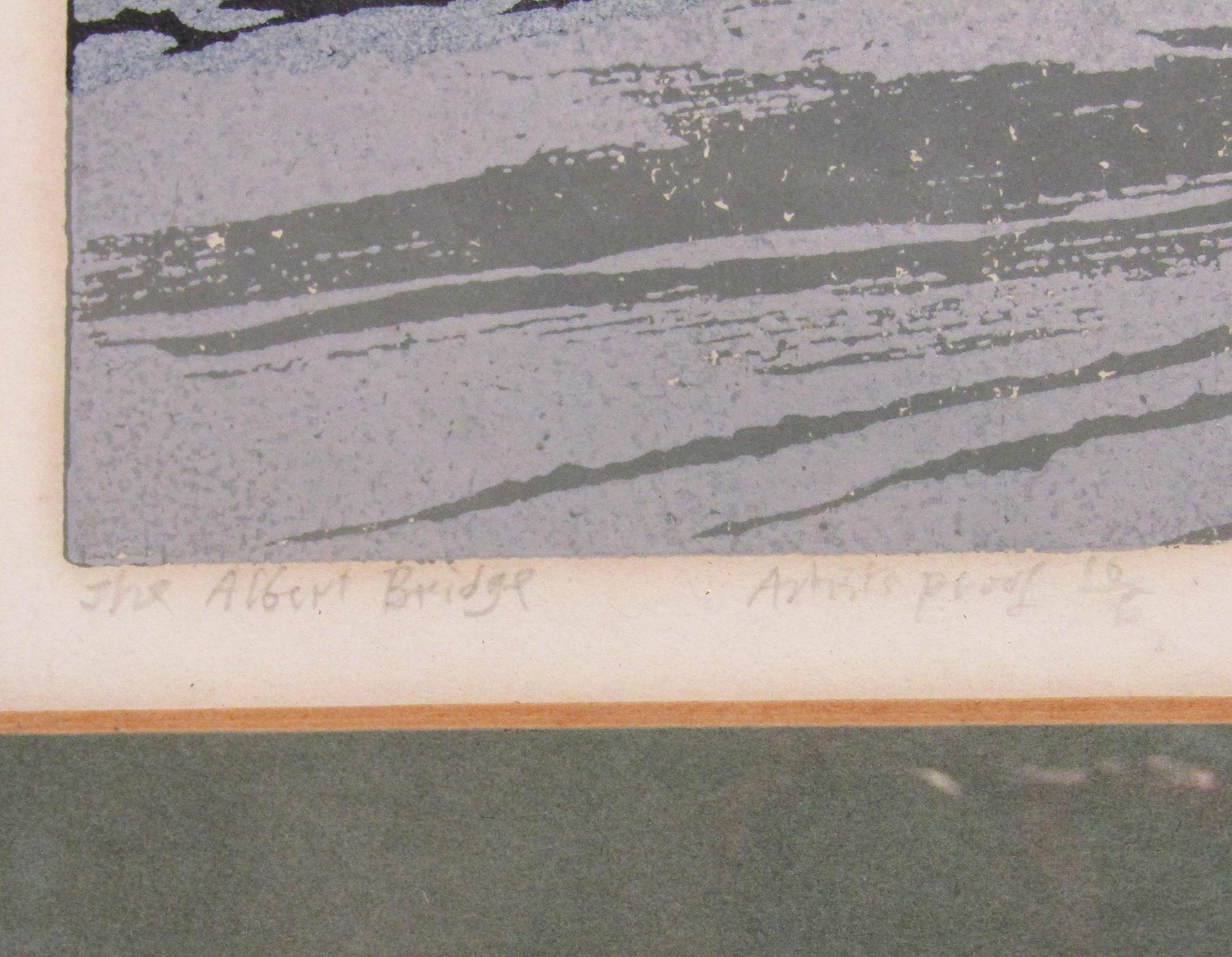 Großer signierter modernistischer Linocut von Edward Bawden „The Albert Bridge“ 16/75, signiert (Papier) im Angebot