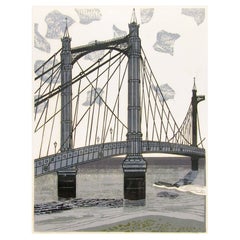 Gran linograbado modernista firmado por Edward Bawden "El puente Alberto" 16/75