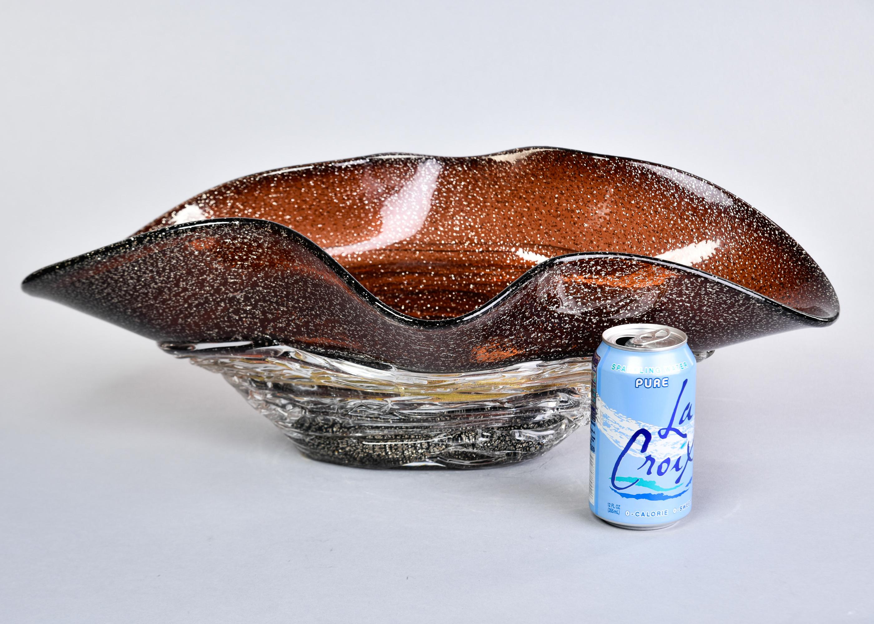 Mid-Century Modern Large Signed Murano Glass Center Bowl with Silver Inclusions & Applied Stringing