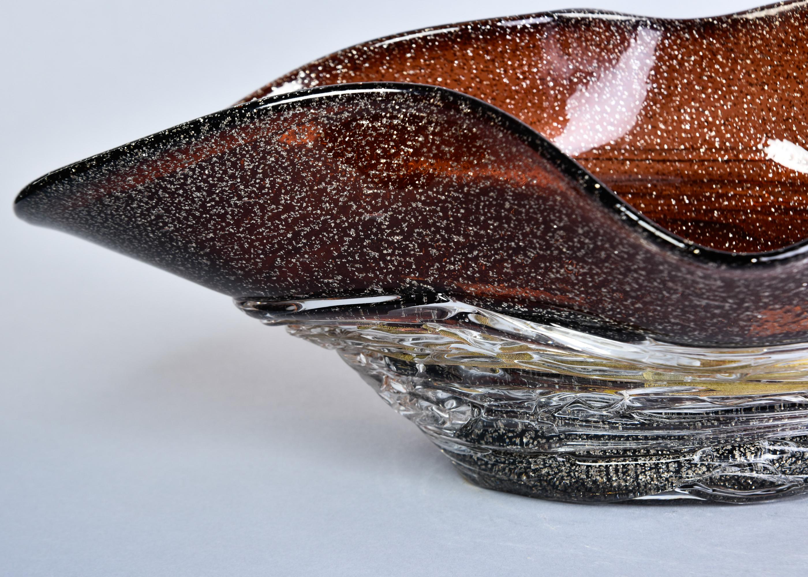 Italian Large Signed Murano Glass Center Bowl with Silver Inclusions & Applied Stringing