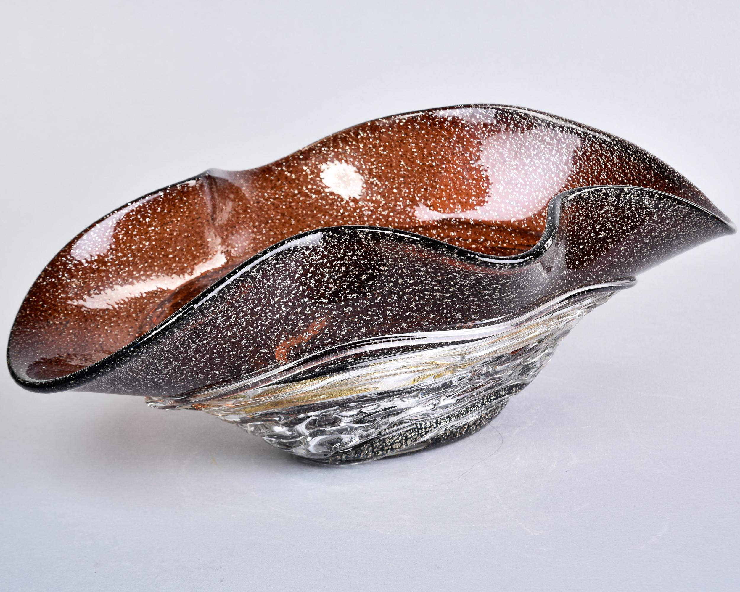 Late 20th Century Large Signed Murano Glass Center Bowl with Silver Inclusions & Applied Stringing