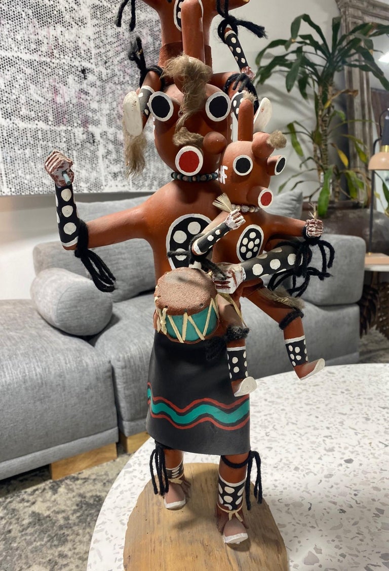 Hand-Crafted Large Signed Native American Hopi Original Mudhead Kachina Doll on Stand For Sale