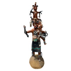 Gran Muñeca Kachina Katsina Original Hopi Nativa Americana Firmada con Cabeza de Barro sobre Soporte