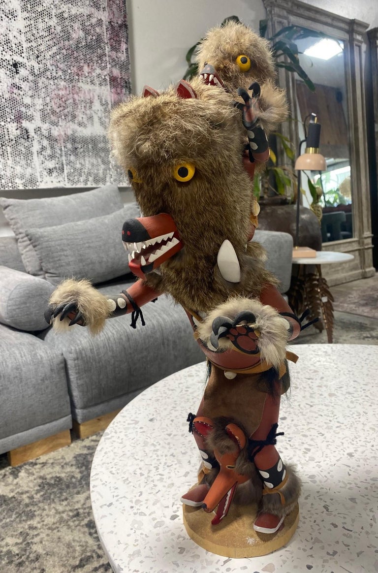 Large Signed Native American Hopi Original Wolf Kachina Doll on Stand 4