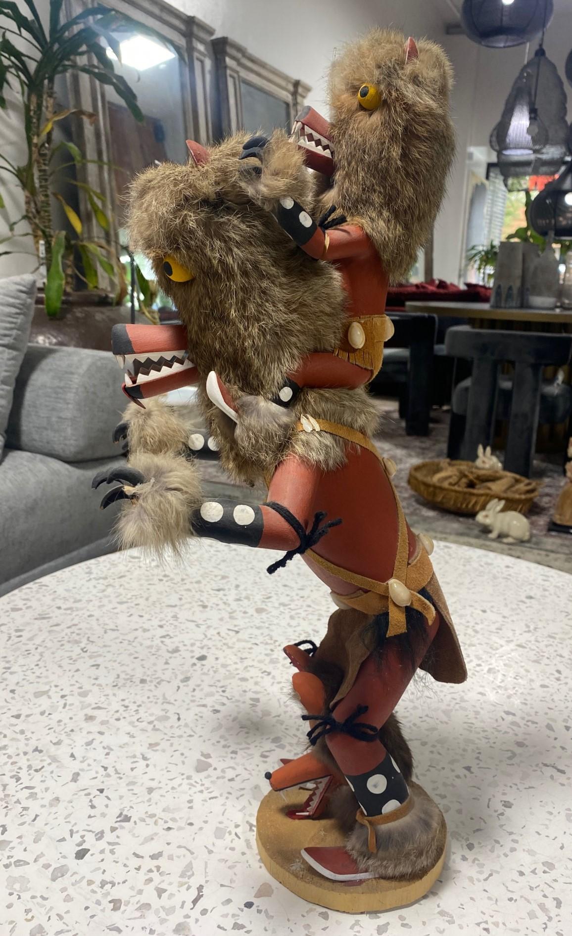 Large Signed Native American Hopi Original Wolf Kachina Doll on Stand 5