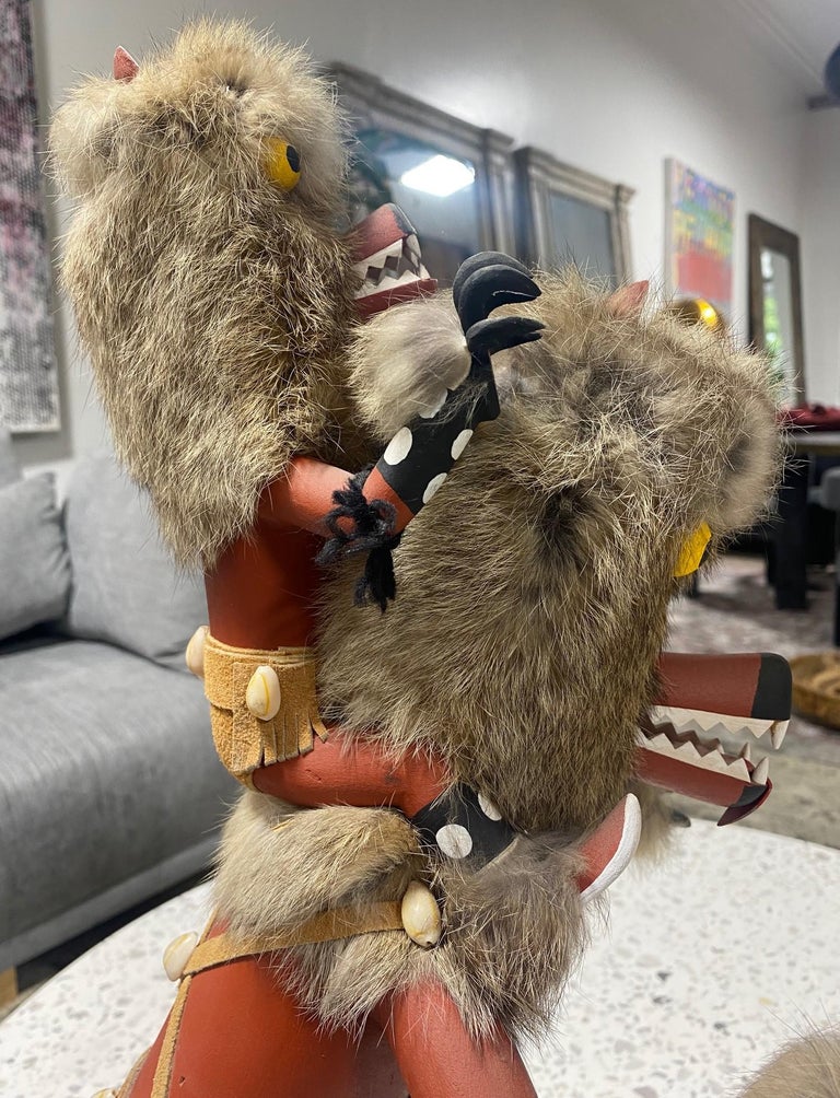 Large Signed Native American Hopi Original Wolf Kachina Doll on Stand 9