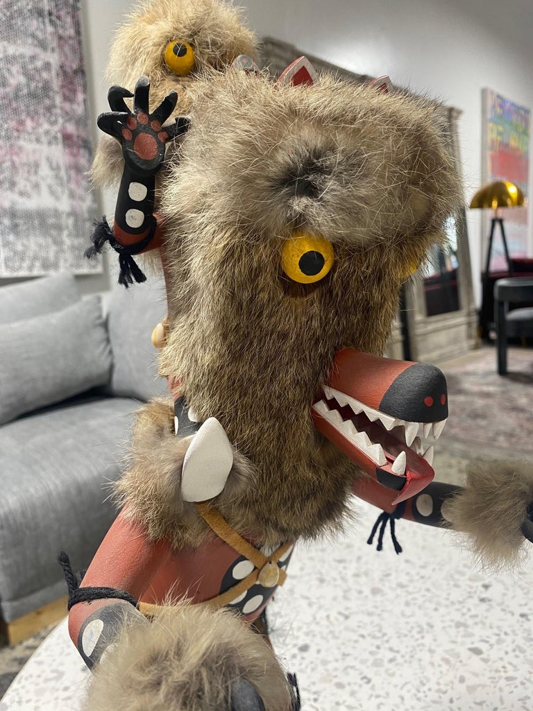 Large Signed Native American Hopi Original Wolf Kachina Doll on Stand 10