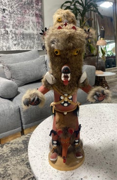 Large Signed Native American Hopi Original Wolf Kachina Doll on Stand
