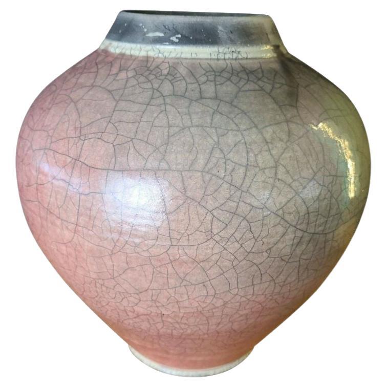Large Signed Native American Style Raku Pottery Vase For Sale