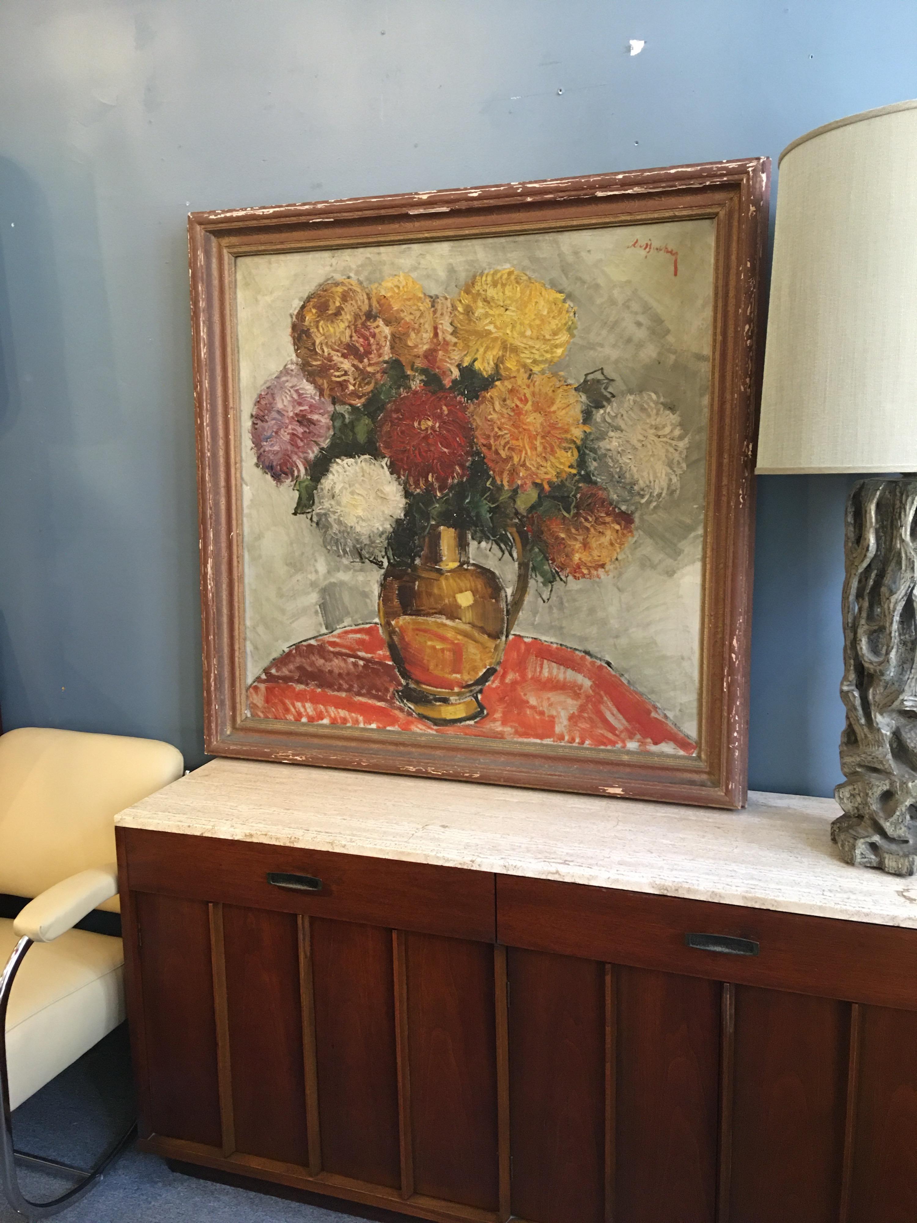 Mid-20th Century Large Signed Oil on Canvas Flowers in a Vase