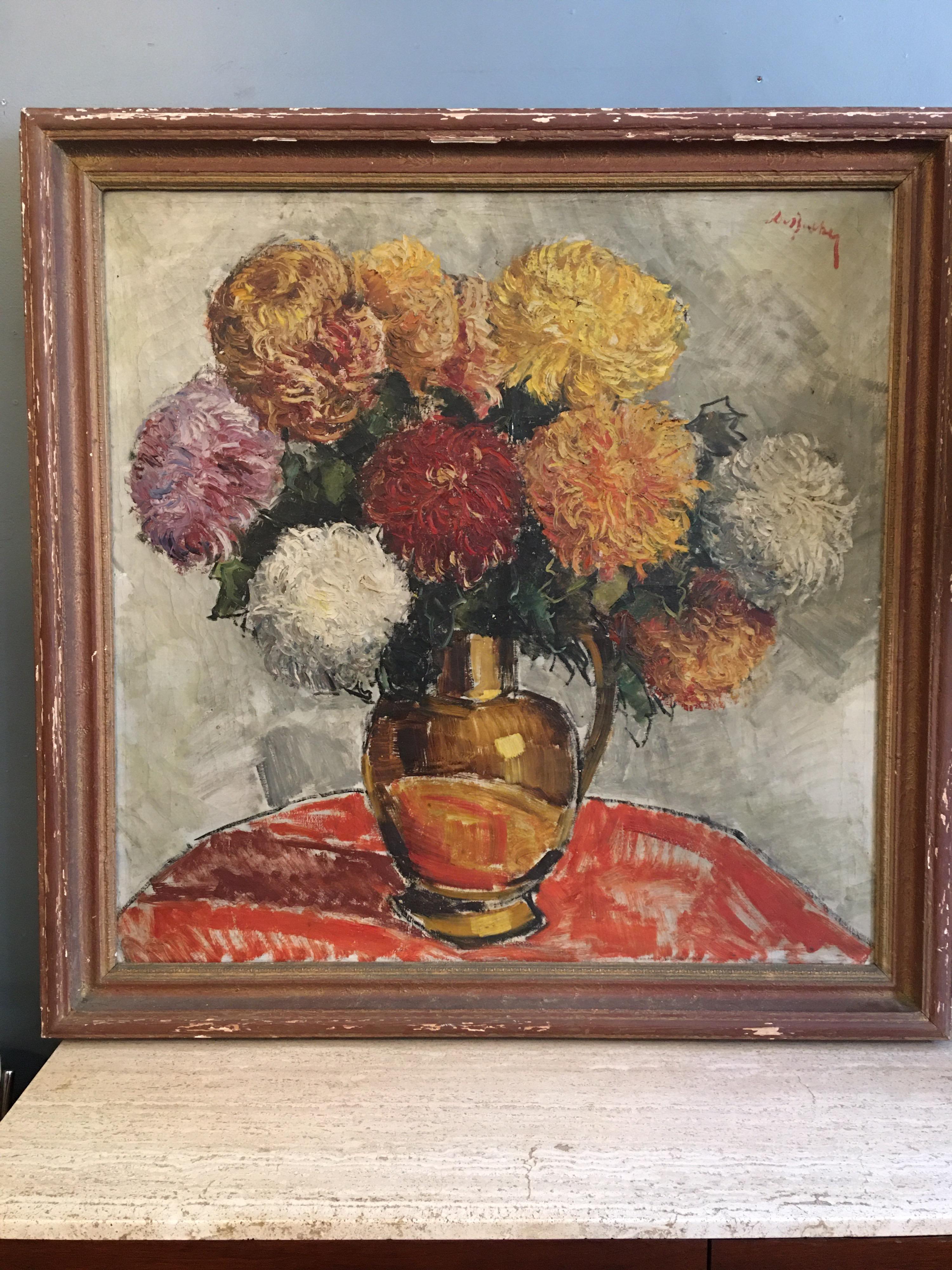 Paint Large Signed Oil on Canvas Flowers in a Vase