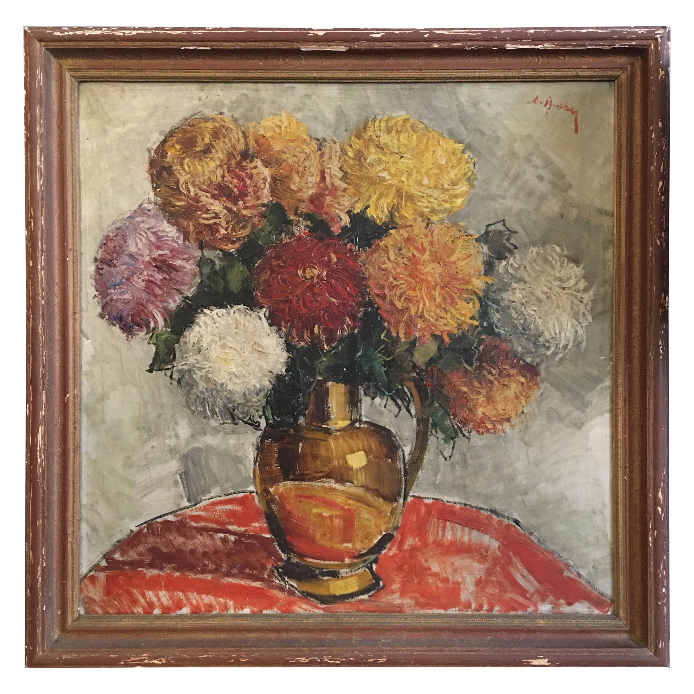 Large Signed Oil on Canvas Flowers in a Vase