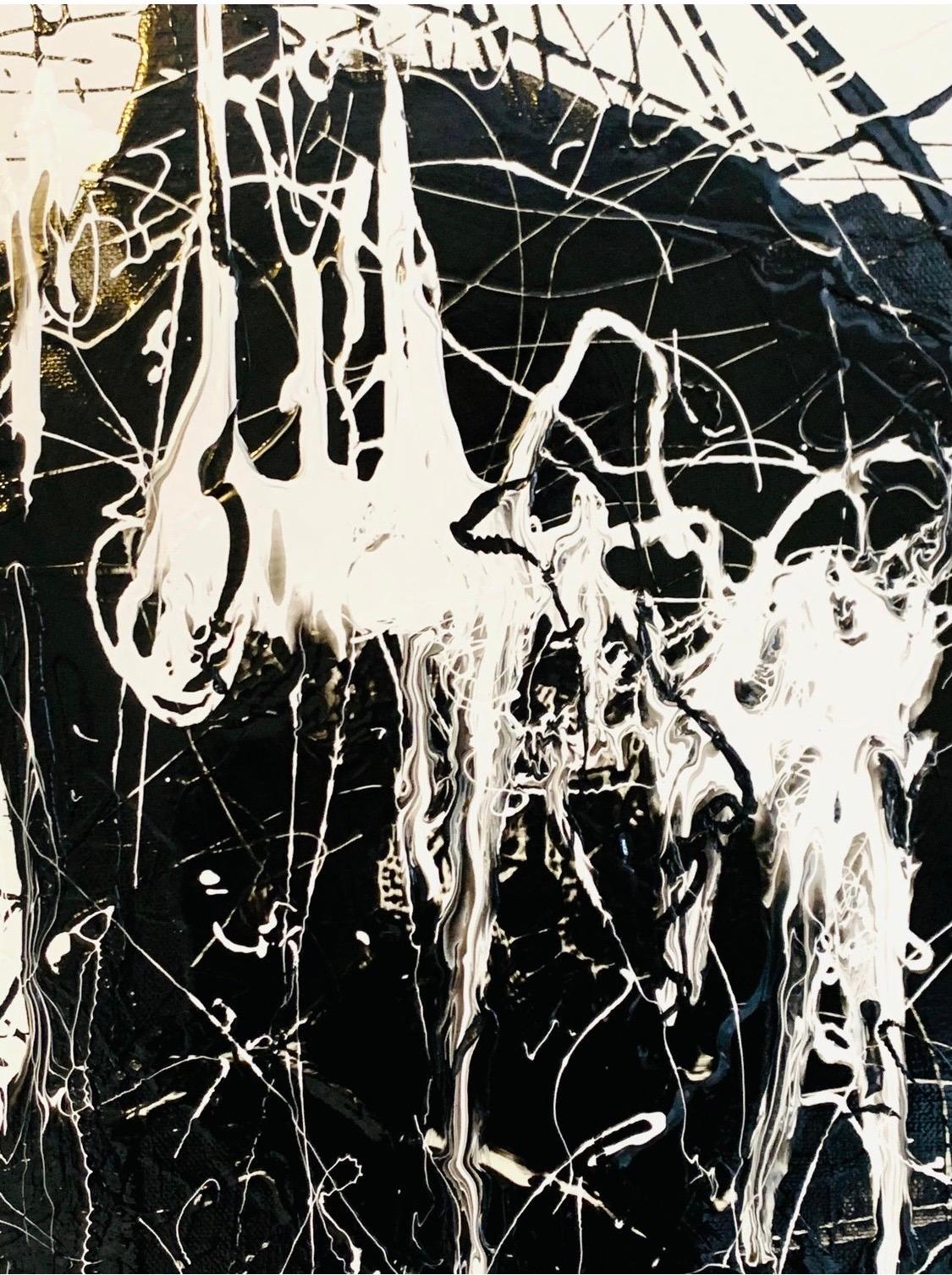 Original large abstract expressionist painting utilizing black and white acrylic enamel paint and a gestural manner. Signed by American contemporary artist Arlene Carr and displayed in a giltwood frame.