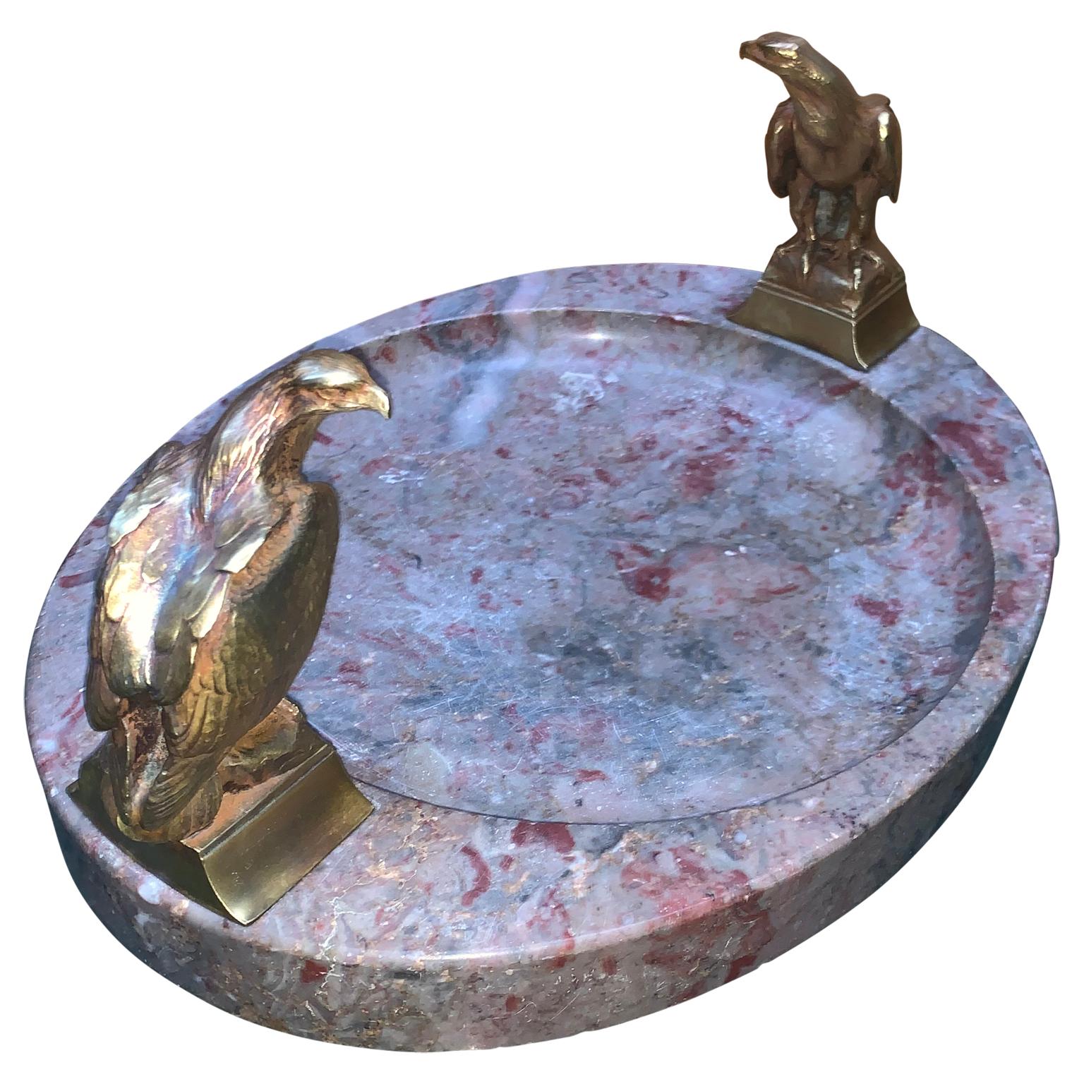 Art Deco Large Signed Oval Marble Ashtray or Centerpiece With Two-Bronze Eagles For Sale