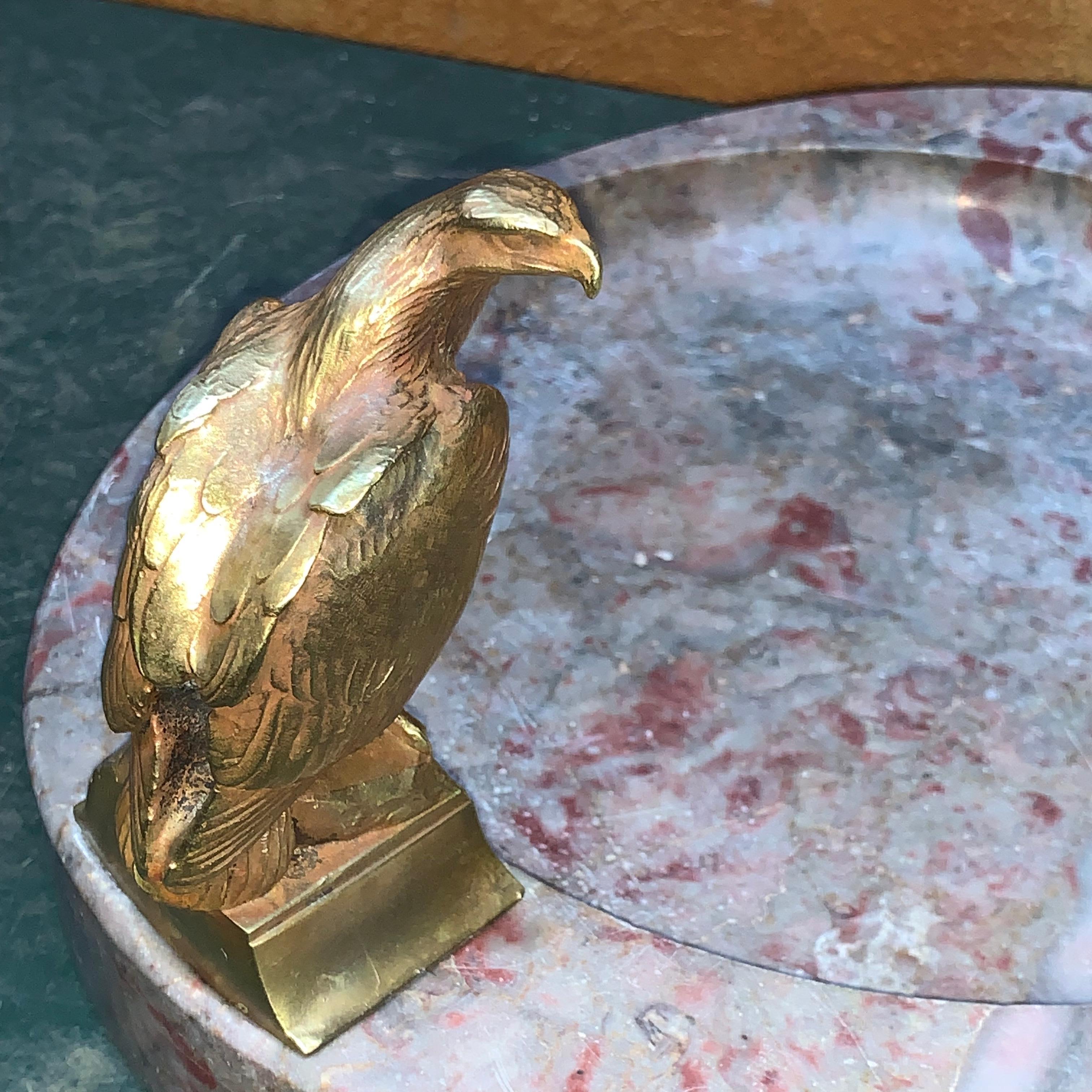 19th Century Large Signed Oval Marble Ashtray or Centerpiece With Two-Bronze Eagles For Sale