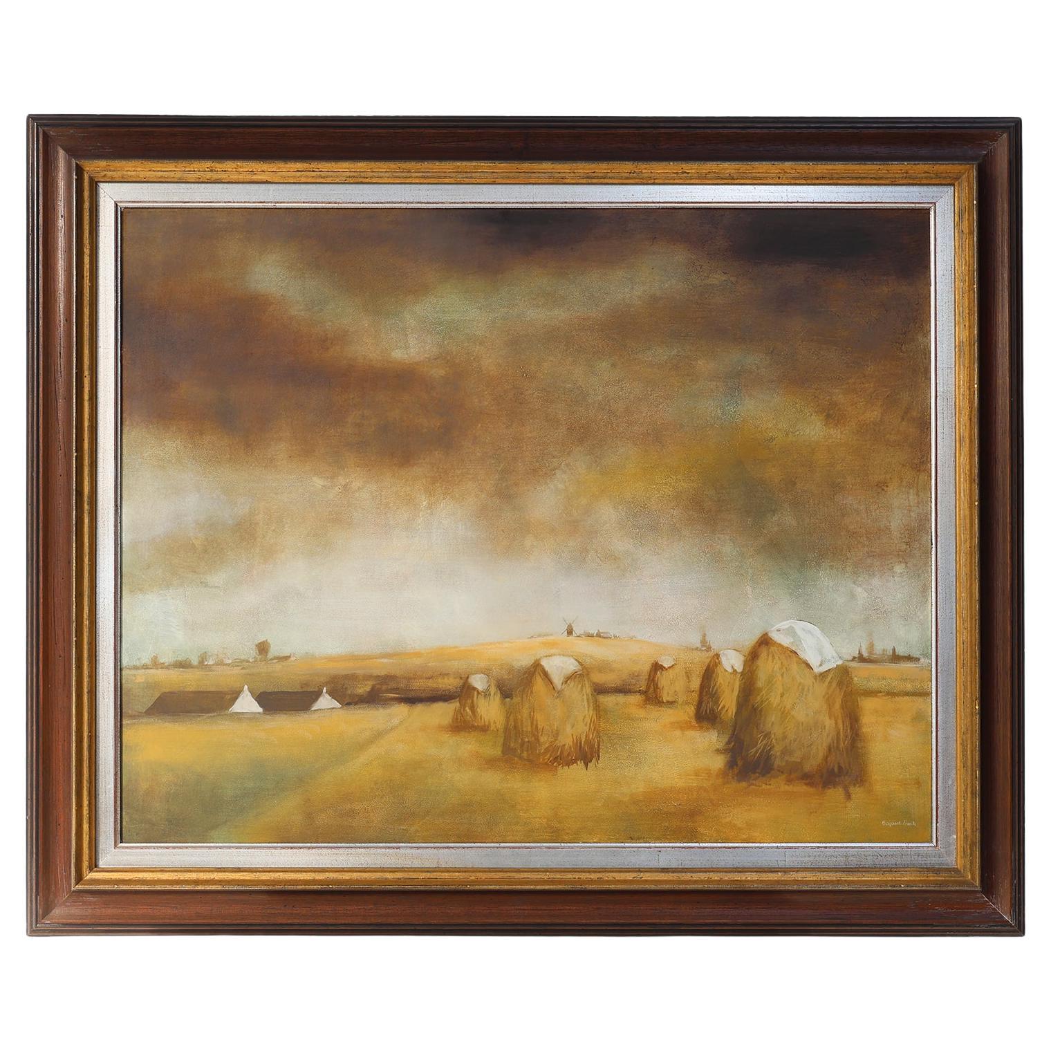 Gran cuadro firmado de un paisaje de heno del pintor belga Frank Bogaert
