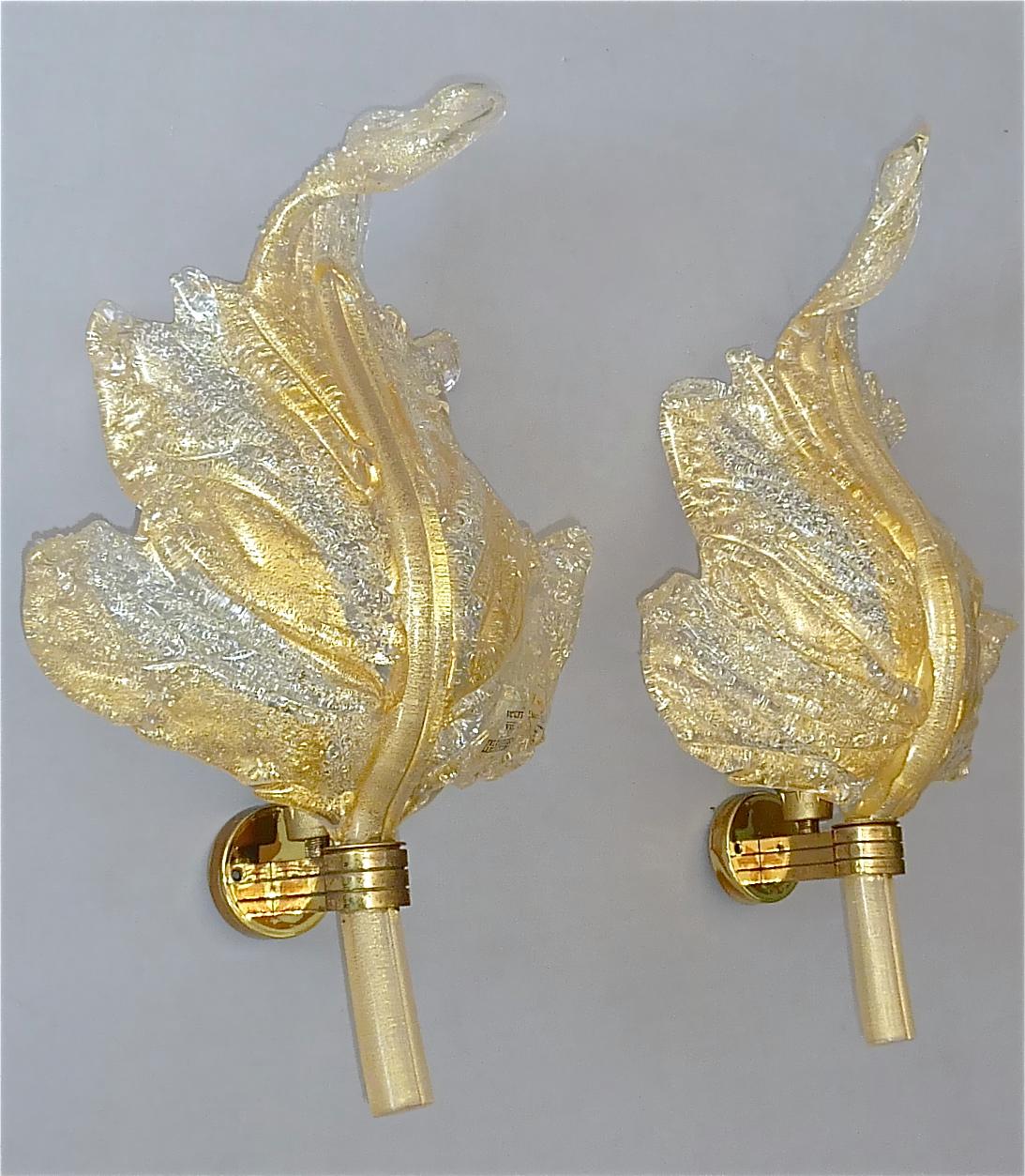 Large Signed Pair Barovier & Toso Leaf Sconces Italian Murano Glass Floral 1970s For Sale 5