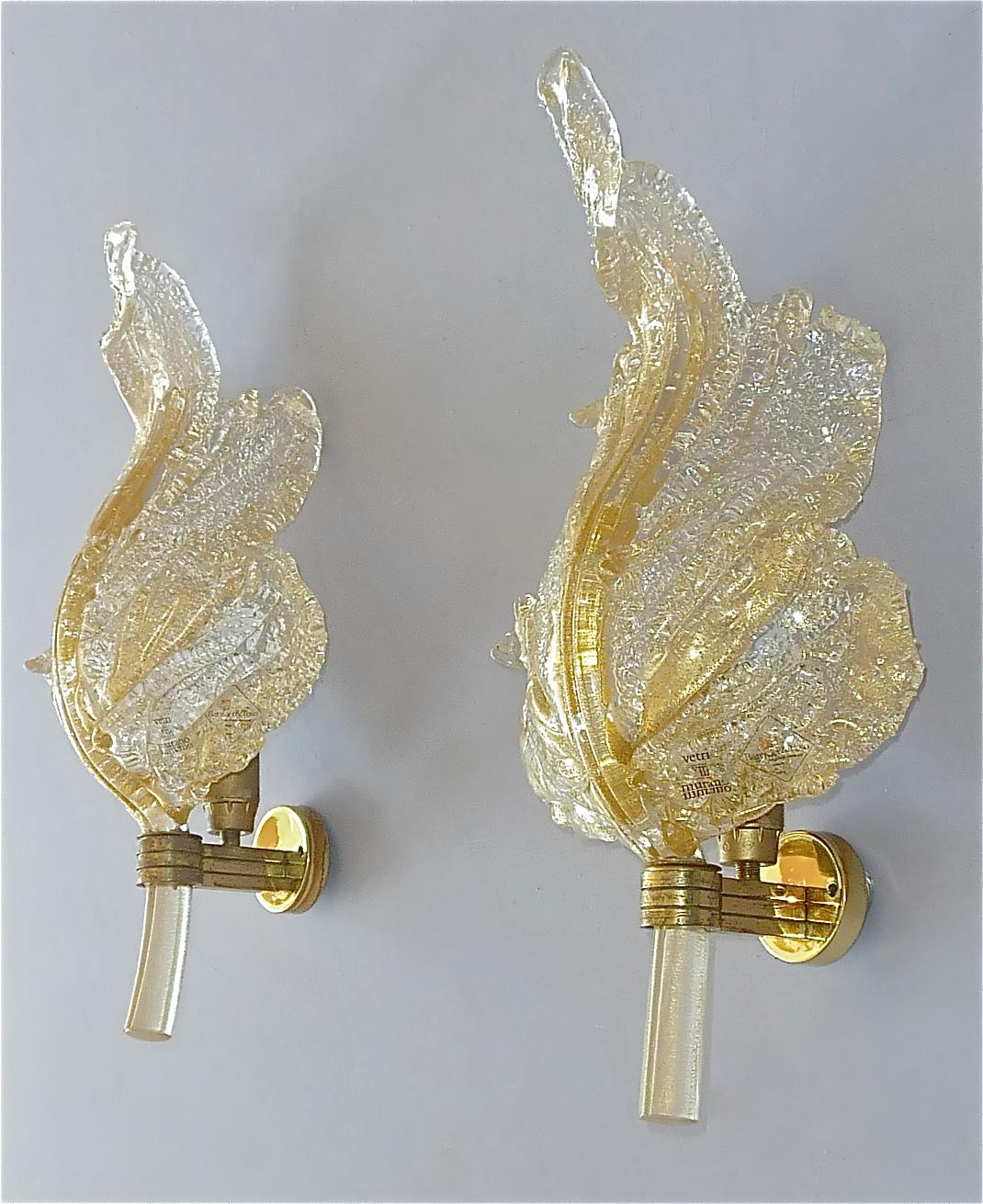 Large Signed Pair Barovier & Toso Leaf Sconces Italian Murano Glass Floral 1970s For Sale 6