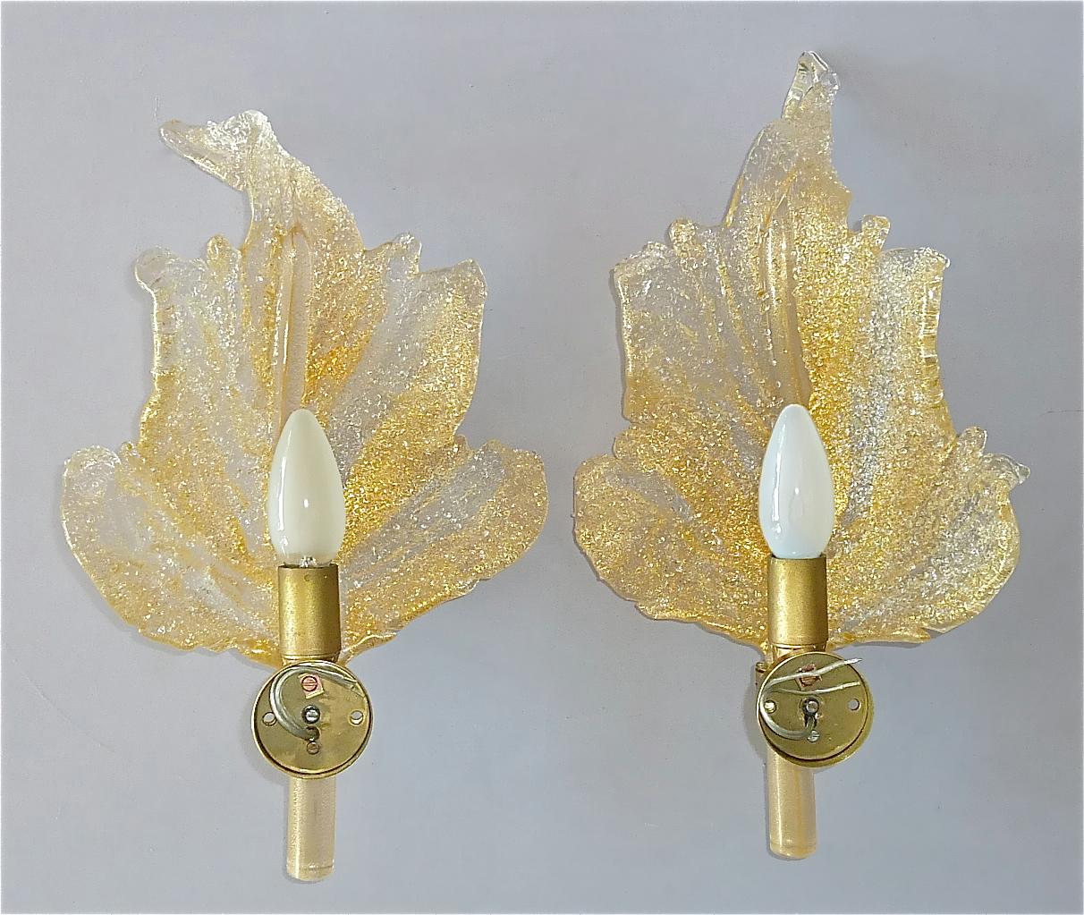 Large Signed Pair Barovier & Toso Leaf Sconces Italian Murano Glass Floral 1970s For Sale 7