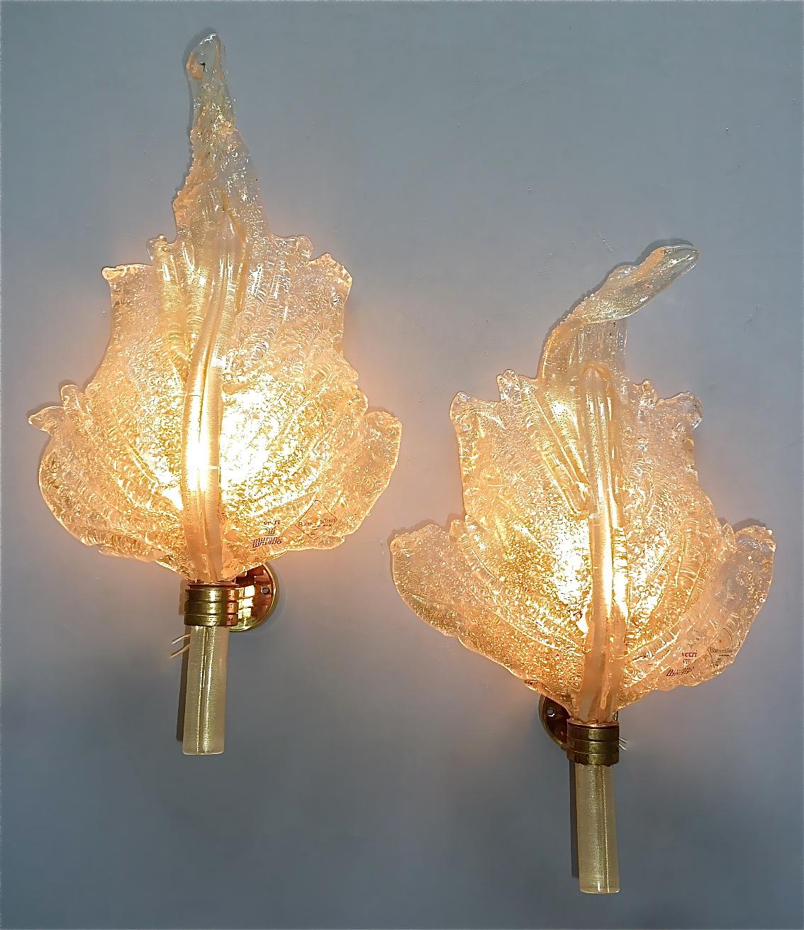 Large Signed Pair Barovier & Toso Leaf Sconces Italian Murano Glass Floral 1970s For Sale 9