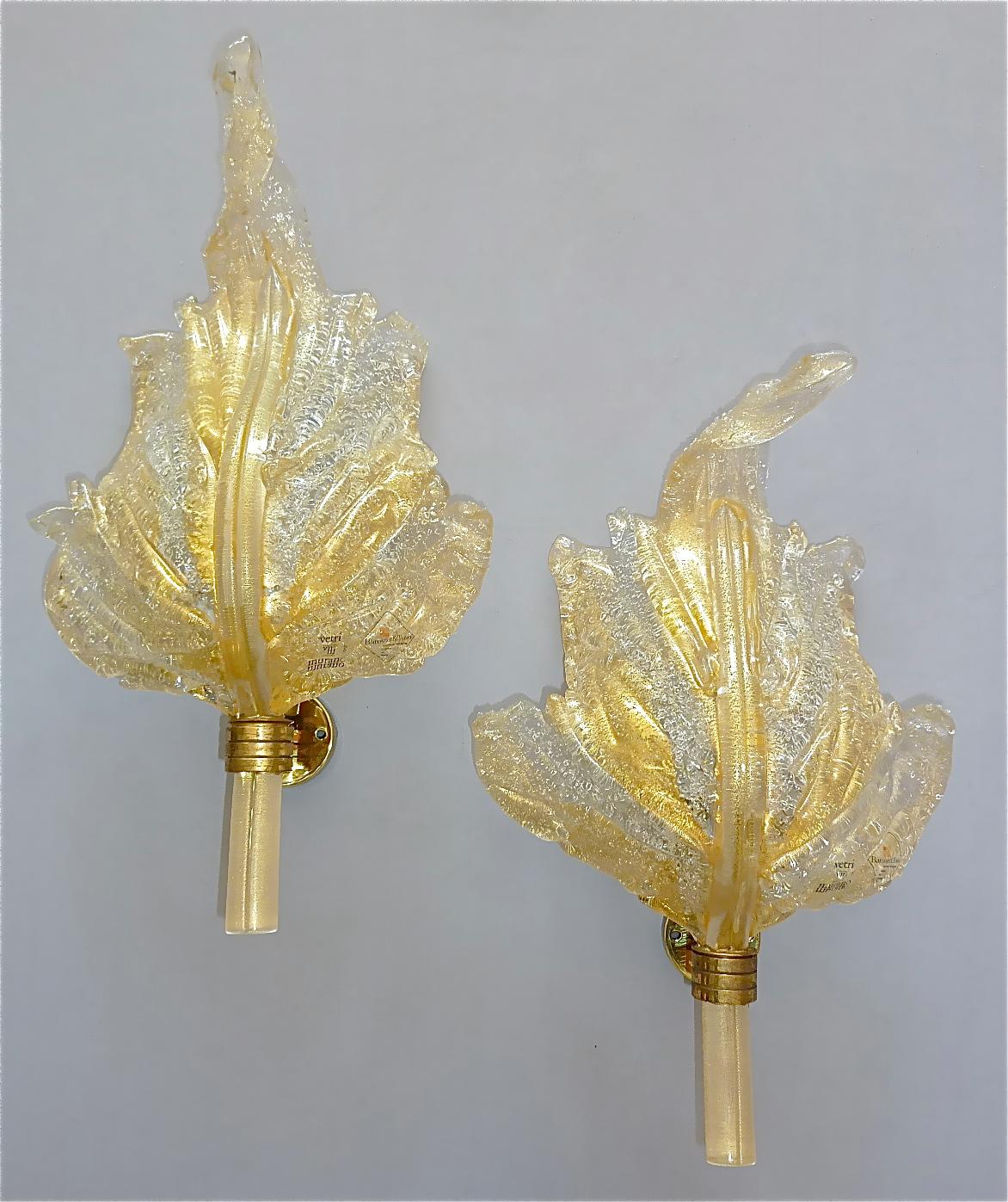 Large Signed Pair Barovier & Toso Leaf Sconces Italian Murano Glass Floral 1970s For Sale 10