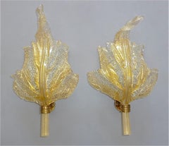 Large Signed Pair Barovier & Toso Leaf Sconces Italian Murano Glass Floral 1970s
